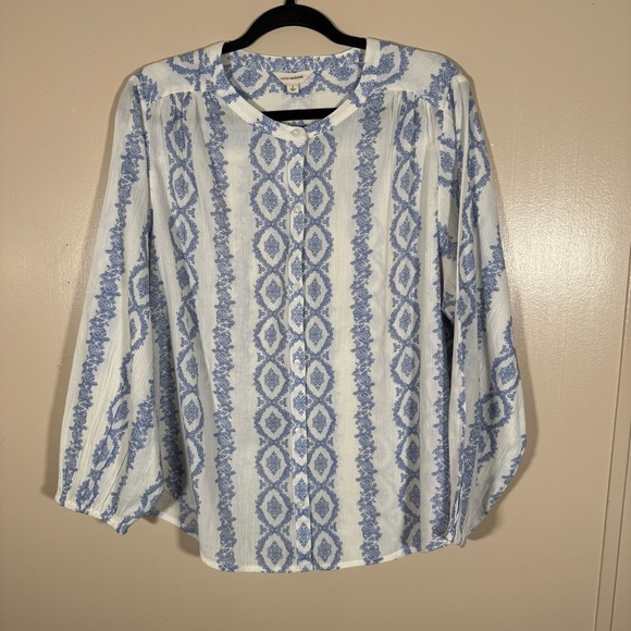 Lucky Brand Tops - NWT Lucky Brand Boho Blue and White Floral Cotton Button Down Peasant Top Large